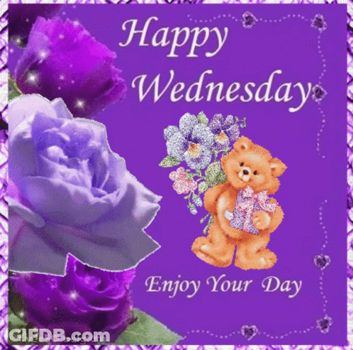 A Happy Wednesday Greeting Card With Purple Flowers And A Teddy Bear GIF