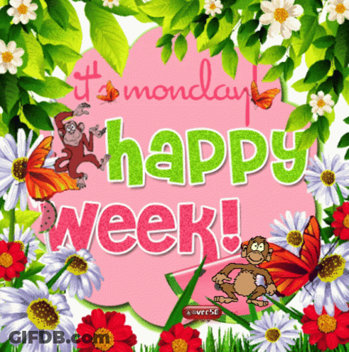 A Happy Week Greeting Card With A Monkey And Flowers GIF