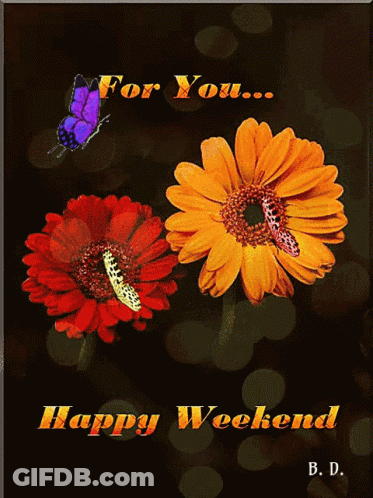 A Happy Weekend Greeting Card With A Butterfly And Flowers GIF