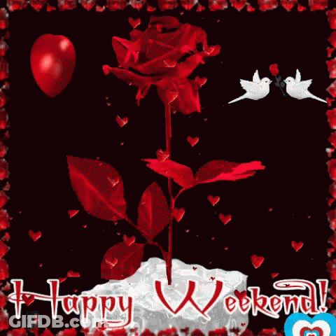 A Happy Weekend Greeting Card With A Red Rose And Two Birds GIF