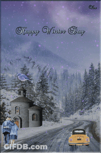 A Happy Winter Day Greeting Card With A Couple Walking In The Snow GIF