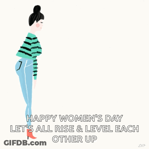 A Happy Women 'S Day Greeting Card With Two Women Standing Next To Each Other GIF