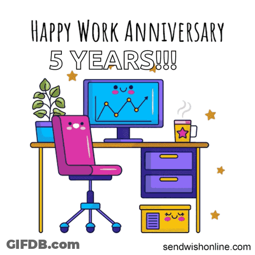 A Happy Work Anniversary 5 Years Greeting Card With A Desk Chair And Computer GIF