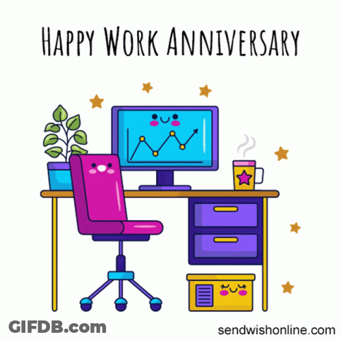 A Happy Work Anniversary Greeting Card With A Desk With A Computer On It GIF