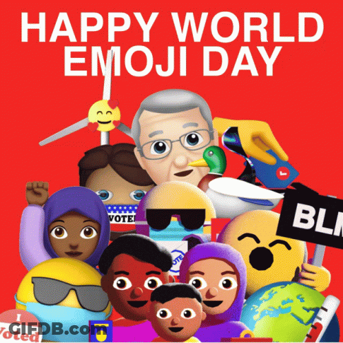 A Happy World Emoji Day Poster With A Bunch Of Emojis On A Red Background GIF
