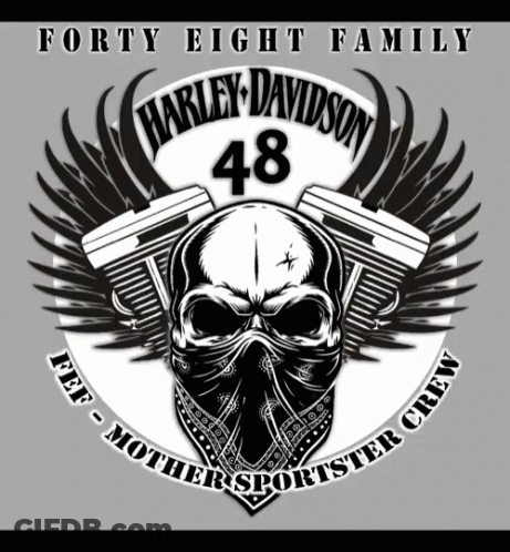 A Harley Davidson Logo With A Skull Wearing A Bandana And The Number 48 GIF
