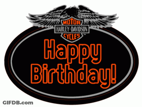 A Harley Davidson Sign That Says Happy Birthday On It GIF