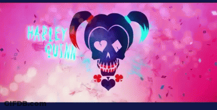 A Harley Quinn Logo Is On A Pink And Blue Background GIF