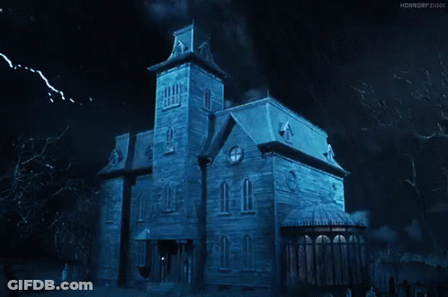 A Haunted House With A Clock Tower And Smoke Coming Out Of It . GIF