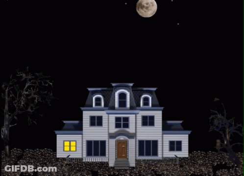 A Haunted House With A Full Moon In The Night Sky GIF