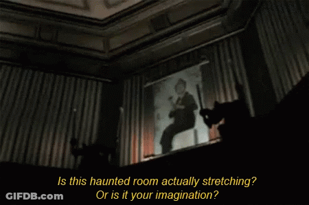 A Haunted Room With A Picture Of A Man Playing A Violin And The Words Is This Haunted Room Actually Stretching GIF