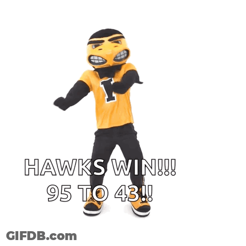 A Hawks Mascot Dancing With The Words Hawks Win 95 To 43 Below Him GIF