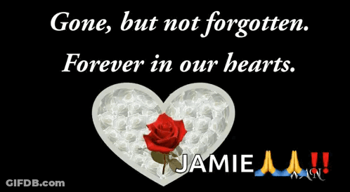 A Heart Filled With White Roses And A Red Rose With The Name Jamie Below It GIF