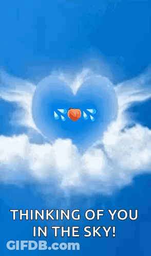 A Heart Shaped Cloud With A Peach Inside Of It And The Words `` Thinking Of You In The Sky ! '' GIF