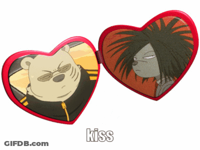 A Heart Shaped Mirror With A Picture Of A Bear And A Picture Of A Hedgehog With The Word Kiss Below Them GIF