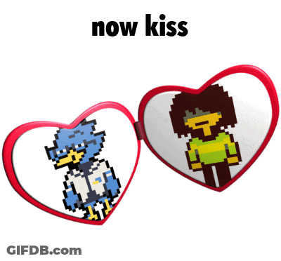 A Heart Shaped Mirror With A Pixel Art Of A Blue Bird And A Pixel Art Of A Man GIF
