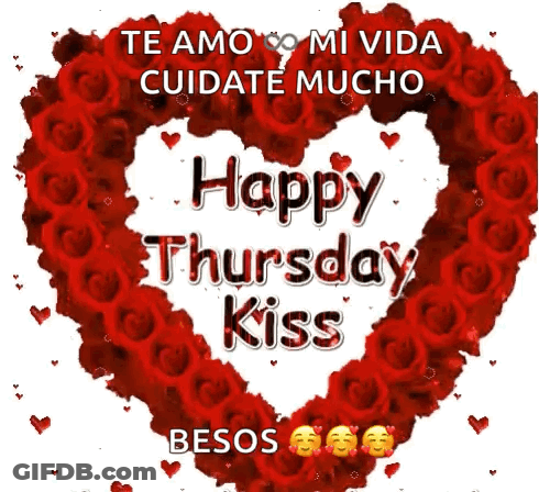 A Heart Shaped Wreath Of Red Roses With The Words Happy Thursday Kiss GIF