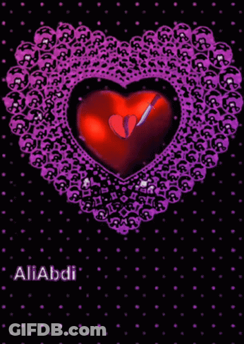A Heart With A Knife In It Is Surrounded By Purple Lace And The Name Aliabdi On The Bottom GIF