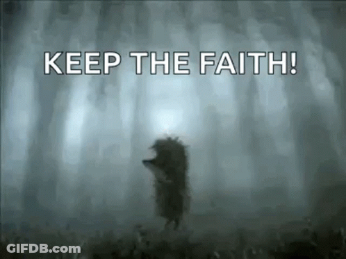 A Hedgehog Is Standing In The Middle Of A Foggy Forest With The Words `` Keep The Faith '' Written Above Him . GIF