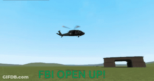 A Helicopter Flies Over A Field With The Words Fbi Open Up GIF