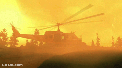 A Helicopter Is Flying Over A Forest With A Yellow Background GIF
