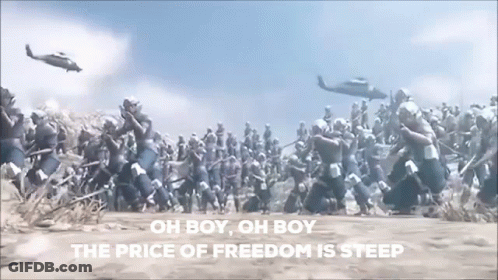 A Helicopter Is Flying Over A Large Group Of Soldiers With The Words Oh Boy Oh Boy The Price Of Freedom Is Steep Below T GIF