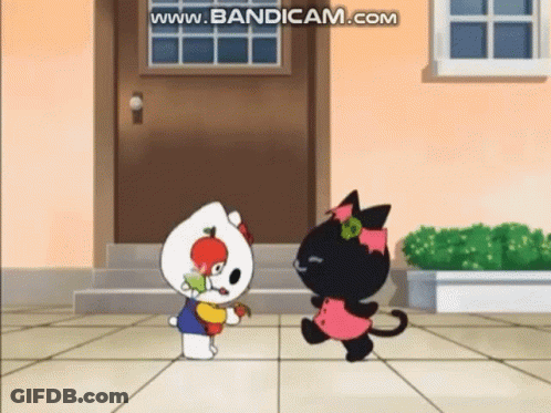 A Hello Kitty And A Black Cat Are Standing Next To Each Other On A Tiled Floor In Front Of A House . GIF