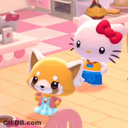A Hello Kitty And A Red Panda Are Standing Next To Each Other In A Kitchen . GIF