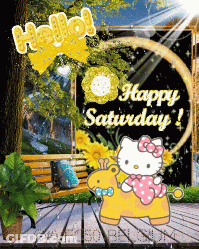 A Hello Kitty Card That Says Happy Saturday With A Yellow Horse GIF