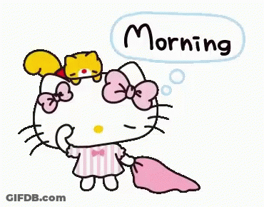 A Hello Kitty Cartoon With A Squirrel On Her Head And The Words Morning Written Above Her GIF