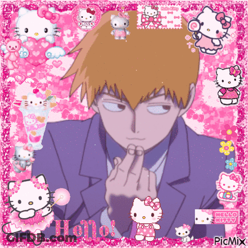 A Hello Kitty Collage With A Man In A Suit Giving The Middle Finger GIF