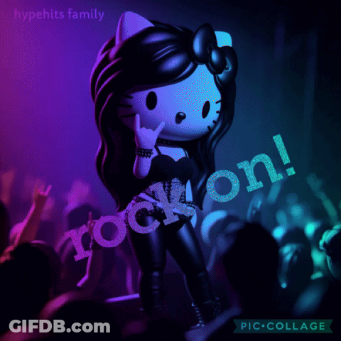 A Hello Kitty Doll Is Standing In Front Of A Crowd With The Words Rock On Written On It GIF