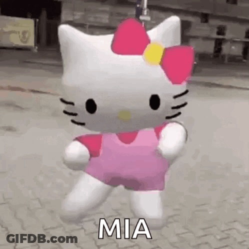 A Hello Kitty Doll Is Standing On A Sidewalk Wearing A Pink Dress And A Bow . GIF