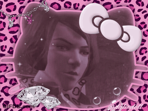 A Hello Kitty Frame With A Picture Of A Girl And Diamonds GIF