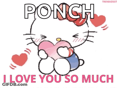 A Hello Kitty Holding A Heart With The Words " Ponchi I Love You So Much " GIF