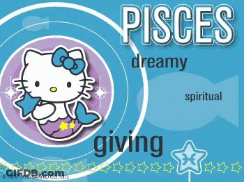 A Hello Kitty Poster With The Words Pisces Dreamy Spiritual And Giving GIF