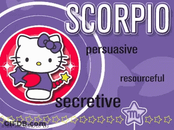 A Hello Kitty Sign That Says Scorpio With A Purple Background GIF