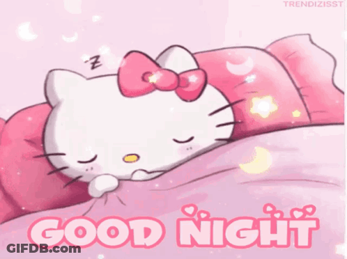 A Hello Kitty Sleeping On A Bed With The Words Good Night Written Below It GIF