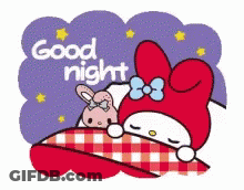 A Hello Kitty Sleeping With A Stuffed Animal And The Words " Good Night " GIF