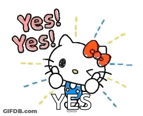 A Hello Kitty Sticker That Says `` Yes ! Yes ! Yes '' . GIF