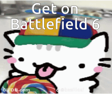 A Hello Kitty Wearing A Hat And Holding A Lollipop With The Words Get On Battlefield 6 GIF