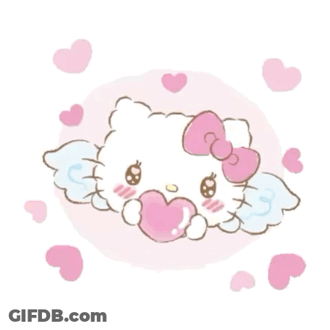 A Hello Kitty With Angel Wings Is Holding A Pink Heart Surrounded By Pink Hearts . GIF