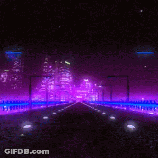 A Highway With Purple And Blue Lights On It GIF