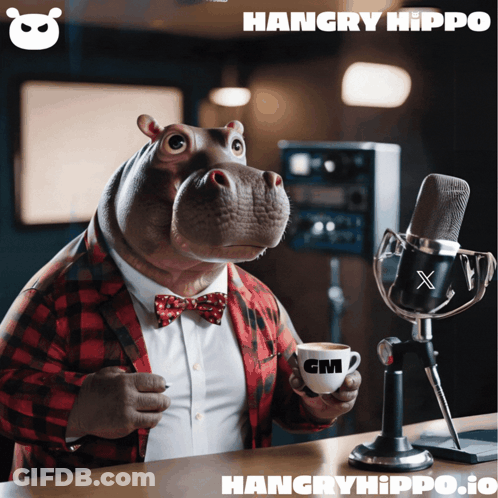A Hippo Holding A Cup Of Coffee In Front Of A Microphone With The Words Hangry Hippo GIF