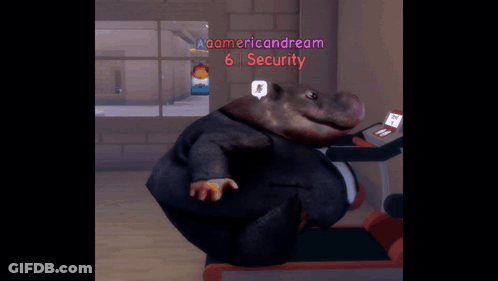 A Hippo In A Suit Is On A Treadmill With The Words Americandream 6 Security Above It GIF