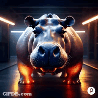 A Hippopotamus Is Standing In A Dark Room With Lights Shining On It 'S Legs . GIF