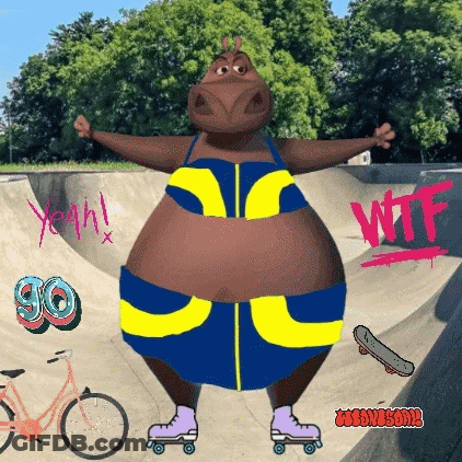 A Hippopotamus Wearing A Bikini And Roller Skates Is Standing On A Skate Park . GIF