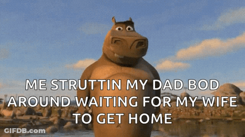 A Hippopotamus With The Words Me Struttin My Dad Bod Around Waiting For My Wife To Get Home On The Bottom GIF