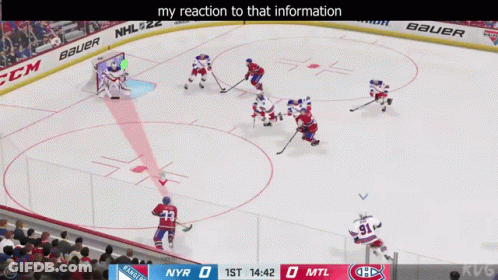 A Hockey Game Is Being Played Between The Nyr And Mtl Teams GIF