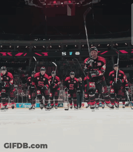 A Hockey Game Is Being Played In A Stadium With A Banner For Sauss GIF